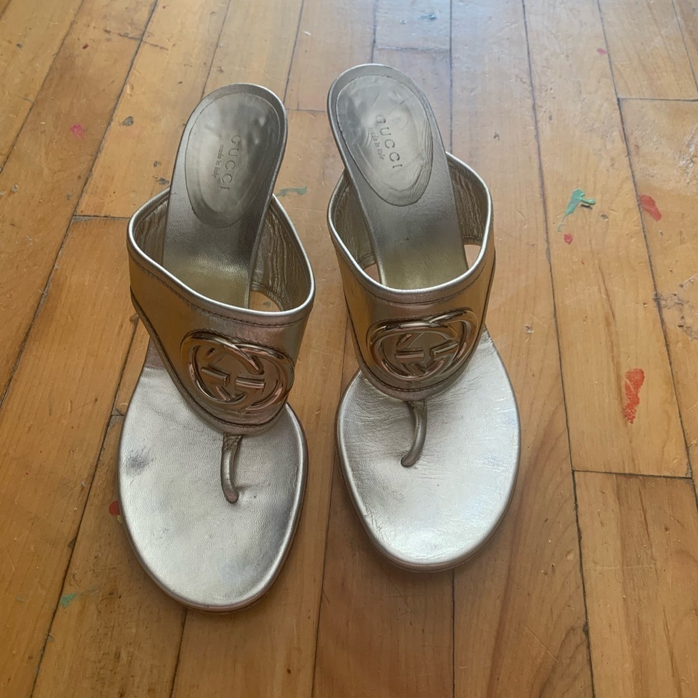 Gucci Women's Gold Sandals big logo heels